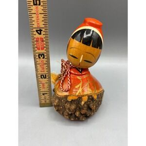Vintage Japanese Kokeshi Doll Folk Art Wooden Figurine Natural Bark  Unique